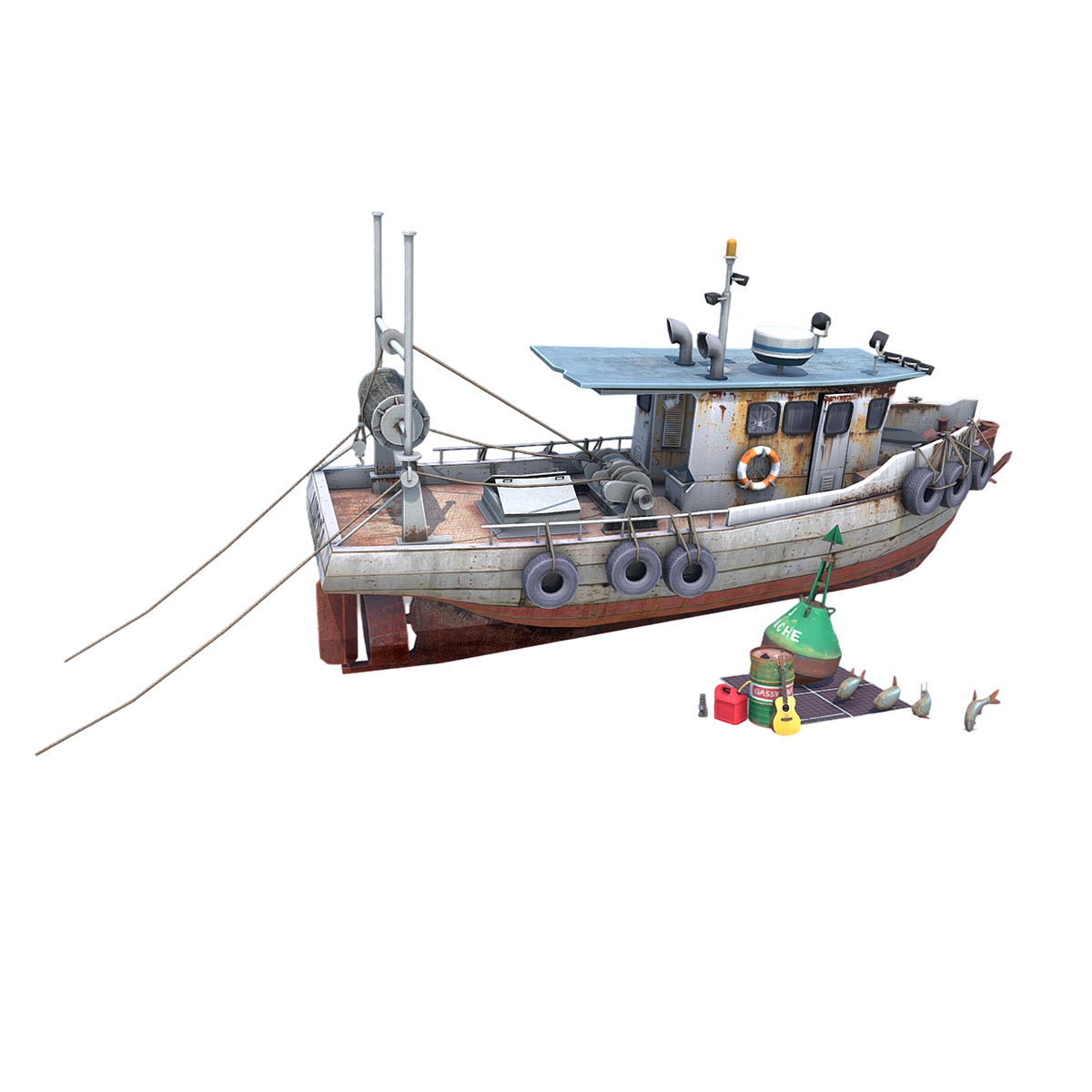 老式渔船3D模型渲染图 | 合金弹头,船,渔船,游戏道具,船艇,老式渔船,场景元素,Metal-Slug,3D模型,3D打印,3D素材,obj,glTF,fbx,dae,stl,3ds,glb,usdz,3dmax,blender模型,VisionPro,3D建模,3D扫描,3d打印模型