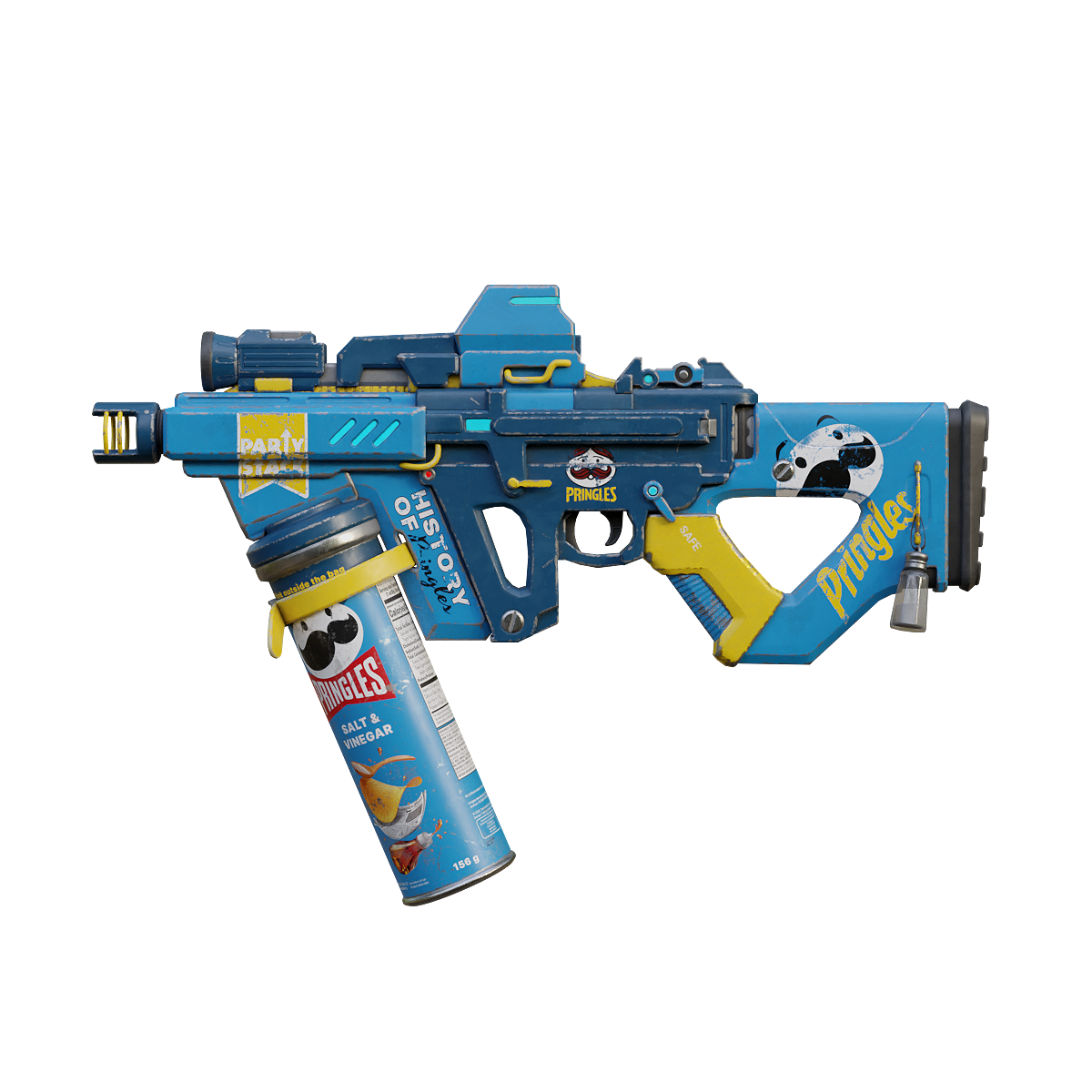 PRINGLES薯片步枪 | 步枪,科幻武器,瞄准镜,创意武器,PRINGLES薯片,PRINGLES,品客,薯片罐,蓝黄色,品客薯片,3D模型,3D打印,3D素材,obj,glTF,fbx,dae,stl,3ds,glb,usdz,3dmax,blender模型,VisionPro,3D建模,3D扫描,3d打印模型