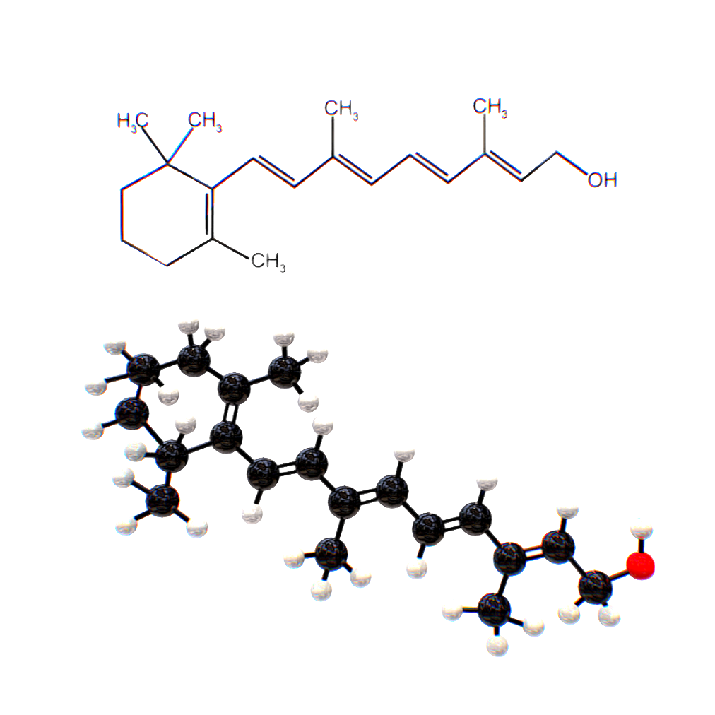 维生素A的化学式（分子结构3D示意图） | 化学,化学科普,分子结构,维生素A,化学式,分子结构3D示意图,C20H30O,脂溶性维生素,维生素,有机化合物,3D模型,3D打印,3D素材,obj,glTF,fbx,dae,stl,3ds,glb,usdz,3dmax,blender模型,VisionPro,3D建模,3D扫描,3d打印模型