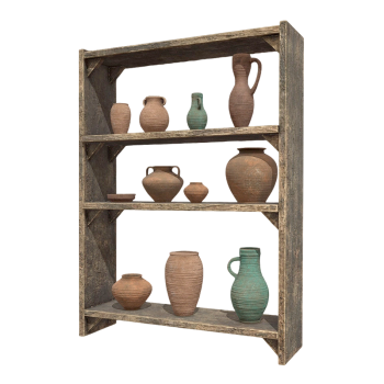 摆满各种陶罐和陶壶的木制置物架