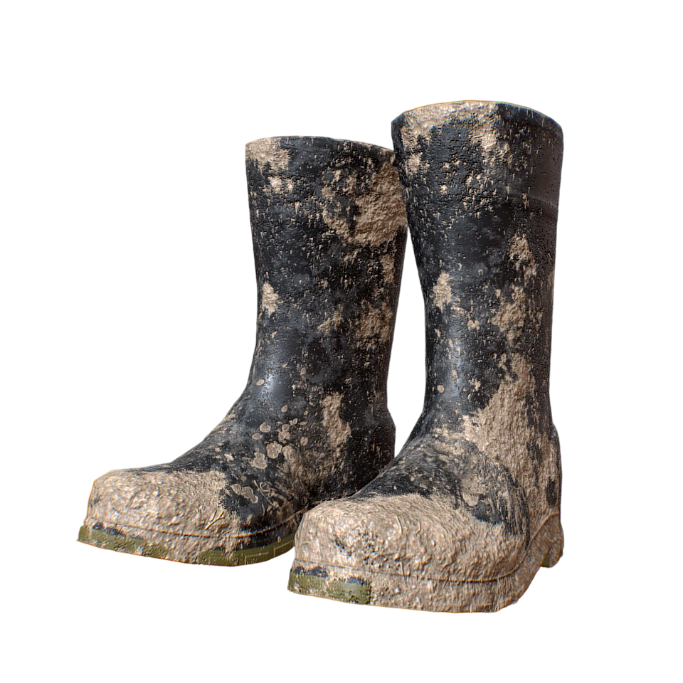 沾满泥巴的黑色雨靴 | 靴子,防水靴,雨靴,黑色雨鞋,水鞋,工靴,橡胶靴,防水鞋,黑色橡胶靴,3D模型,3D打印,3D素材,obj,glTF,fbx,dae,stl,3ds,glb,usdz,3dmax,blender模型,VisionPro,3D建模,3D扫描,3d打印模型