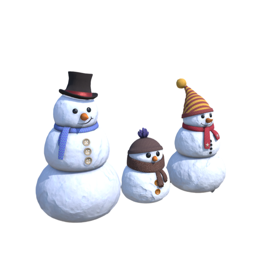 冬季场景装饰y雪人的一家3D模型 | 装饰,场景道具,雪人,冬季,人偶,雪人3D模型,圣诞节雪人,Snowman,小雪人,3D模型,3D打印,3D素材,obj,glTF,fbx,dae,stl,3ds,glb,usdz,3dmax,blender模型,VisionPro,3D建模,3D扫描,3d打印模型