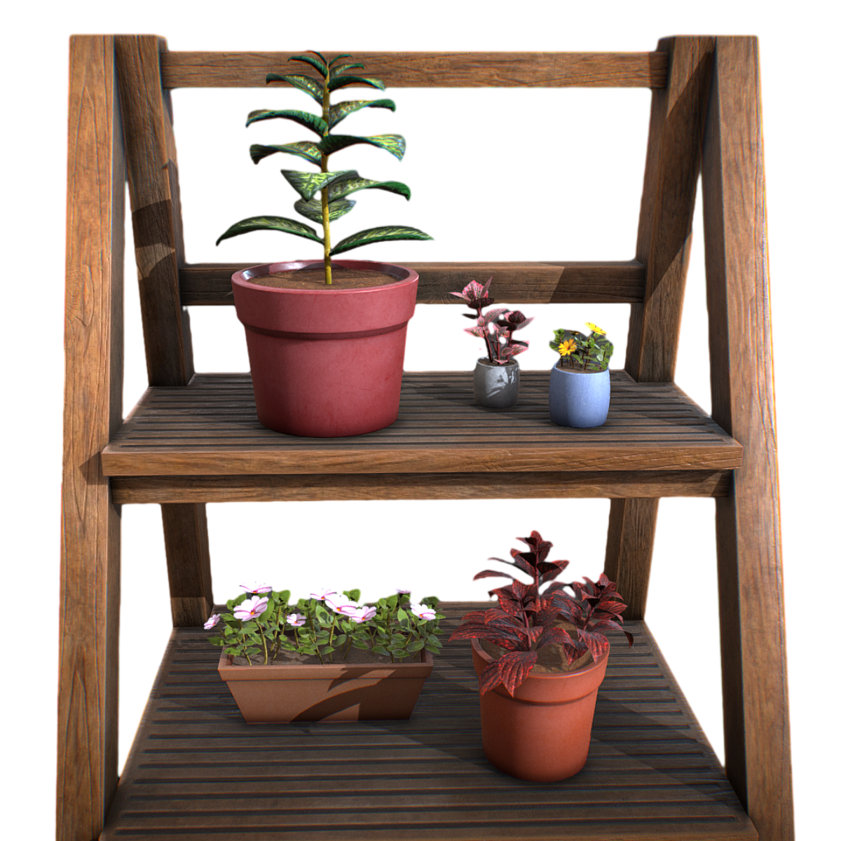 户外小型花盆架植物组合 | AR模型,实木家具,宜家,盆栽,植物,花盆,花盆架,植物花园,小型景观,实木花盆架,3D模型,3D打印,3D素材,obj,glTF,fbx,dae,stl,3ds,glb,usdz,3dmax,blender模型,VisionPro,3D建模,3D扫描,3d打印模型