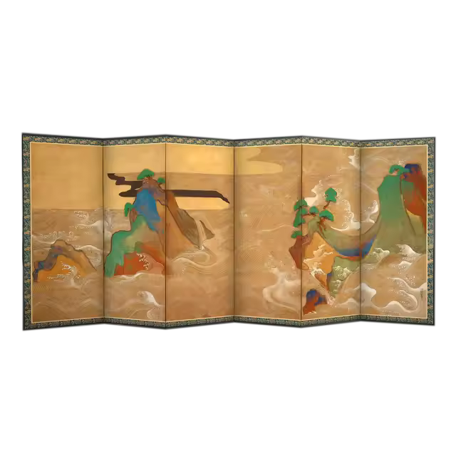 日本表屋宗达的山水画《松岛的海浪》印染屏风模型预览图