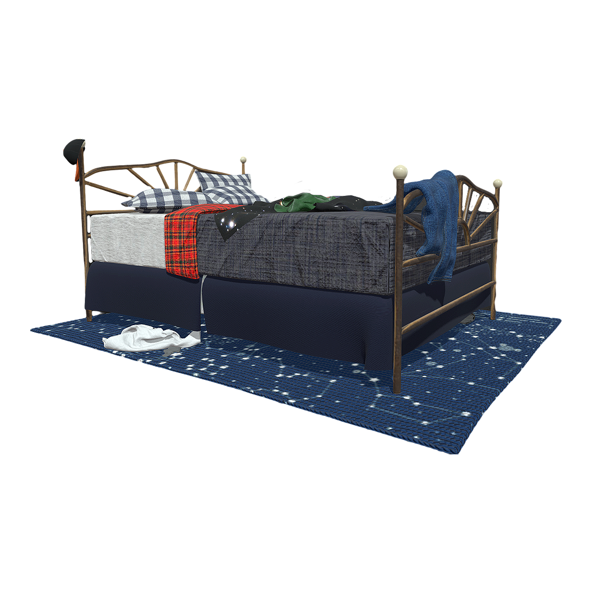 到处散落衣服的复古美式铁艺儿童床 | 单人床,儿童床,铁艺床,铁艺儿童床,复古美式床,地毯儿童床组合,儿童房家具组合,男生儿童床,铁艺单人床,做旧儿童床,3D模型,3D打印,3D素材,obj,glTF,fbx,dae,stl,3ds,glb,usdz,3dmax,blender模型,VisionPro,3D建模,3D扫描,3d打印模型