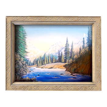 北欧式复古风白桦木画框装裱油画 山间河流