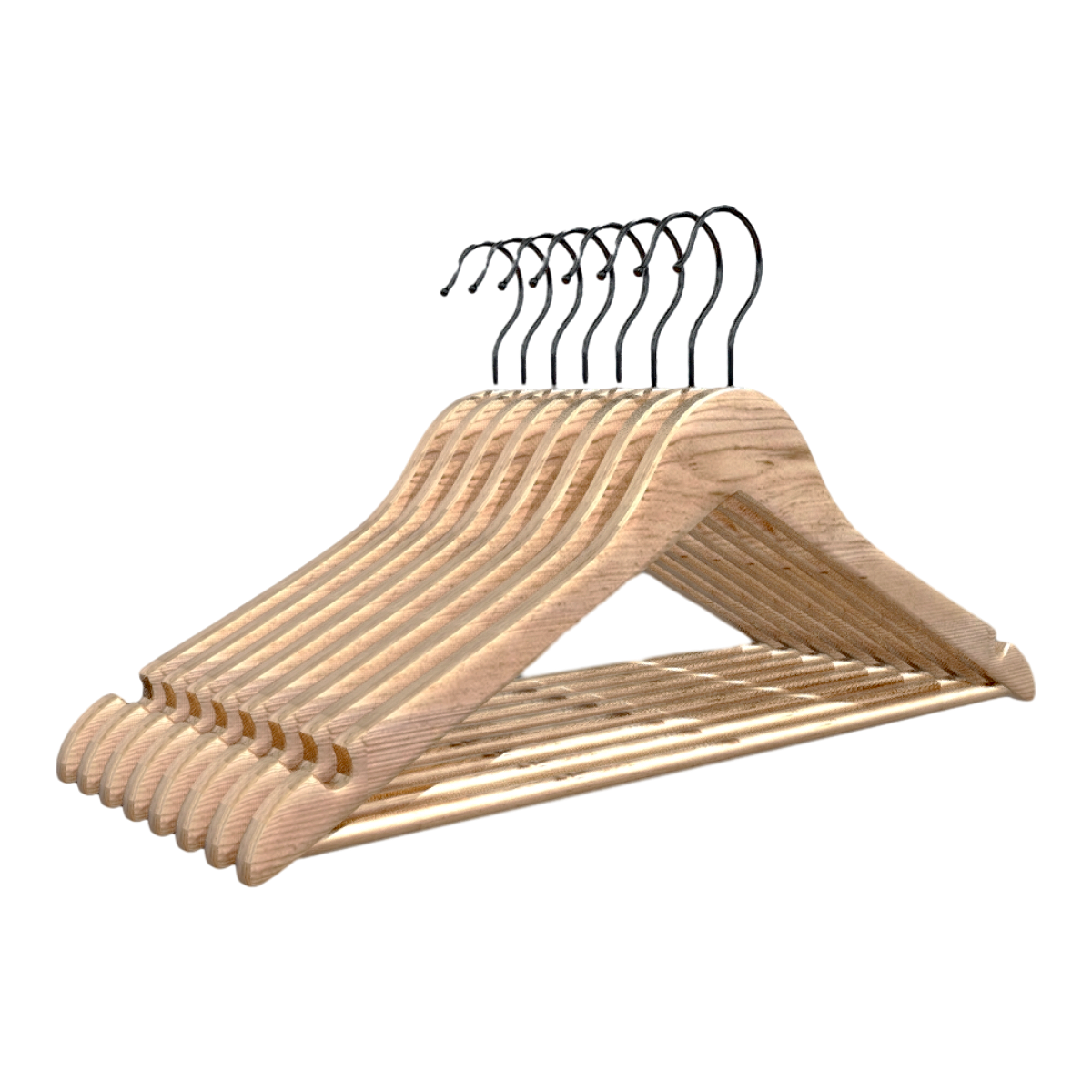 现代家用金属钩实木防滑衣架八件 | 实木,现代,原木色,生活用品,金属,家用,防滑,衣架,晾衣架,成人衣架,3D模型,3D打印,3D素材,obj,glTF,fbx,dae,stl,3ds,glb,usdz,3dmax,blender模型,VisionPro,3D建模,3D扫描,3d打印模型