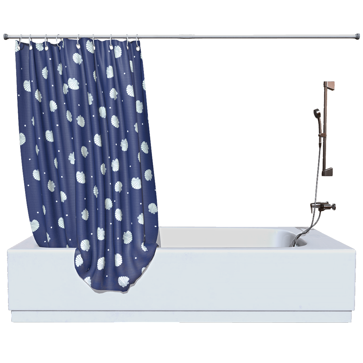 居家浴室深蓝色贝壳图案防水布艺浴帘白色陶瓷花洒浴缸 | 花洒,浴缸,浴缸3D模型,深蓝色,居家,白色陶瓷,贝壳图案,防水布艺,浴帘,浴室用品,3D模型,3D打印,3D素材,obj,glTF,fbx,dae,stl,3ds,glb,usdz,3dmax,blender模型,VisionPro,3D建模,3D扫描,3d打印模型