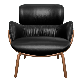 北欧现代胡桃实木架纯黑色单人皮革靠背扶手沙发椅