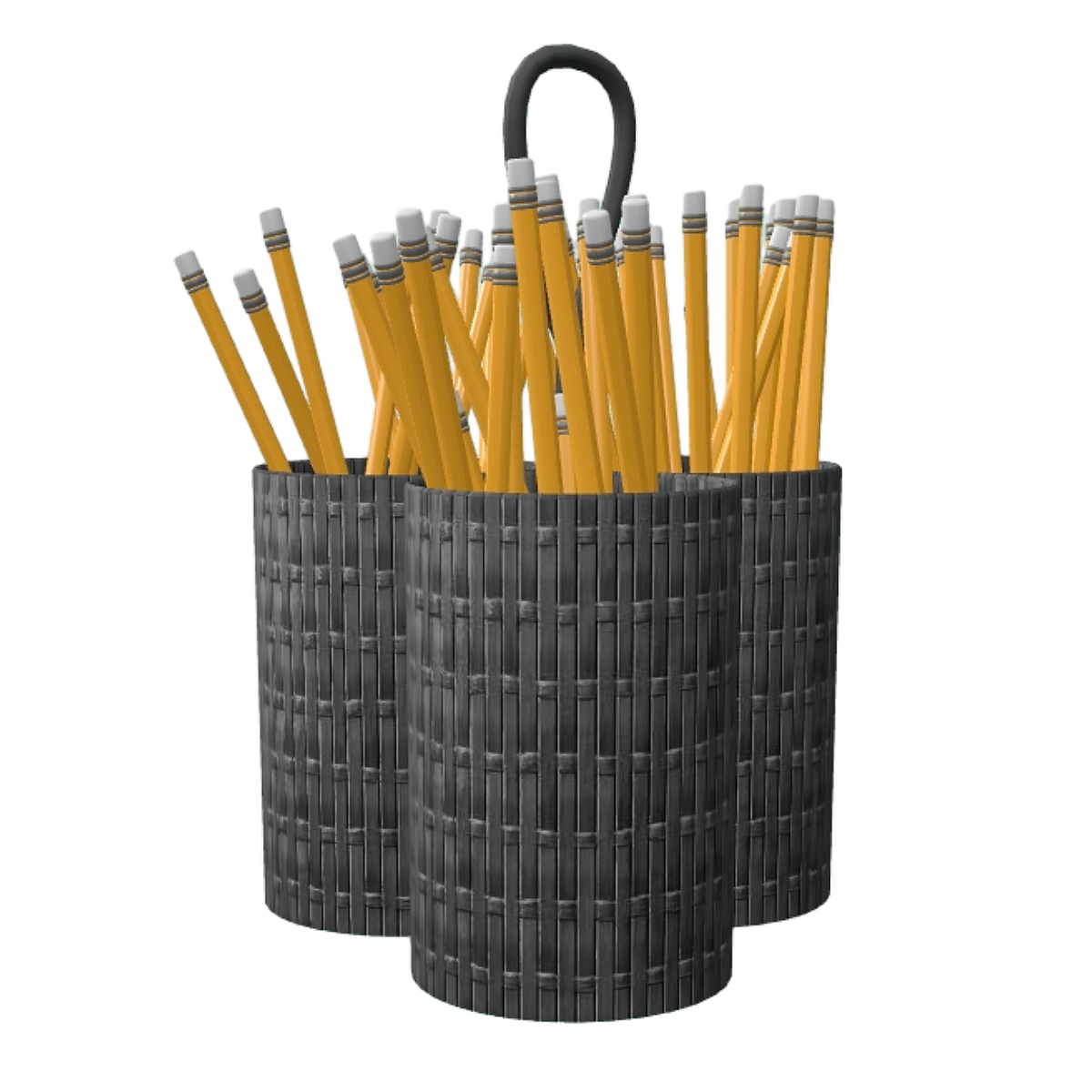 学习办公桌面黑色仿藤编铅笔可手提收纳筒 | 生活用品,笔筒,笔筒3D模型,桌面摆件,可手提,铅笔收纳筒,收纳筒,黑色仿藤编,三筒装,收纳用品,3D模型,3D打印,3D素材,obj,glTF,fbx,dae,stl,3ds,glb,usdz,3dmax,blender模型,VisionPro,3D建模,3D扫描,3d打印模型